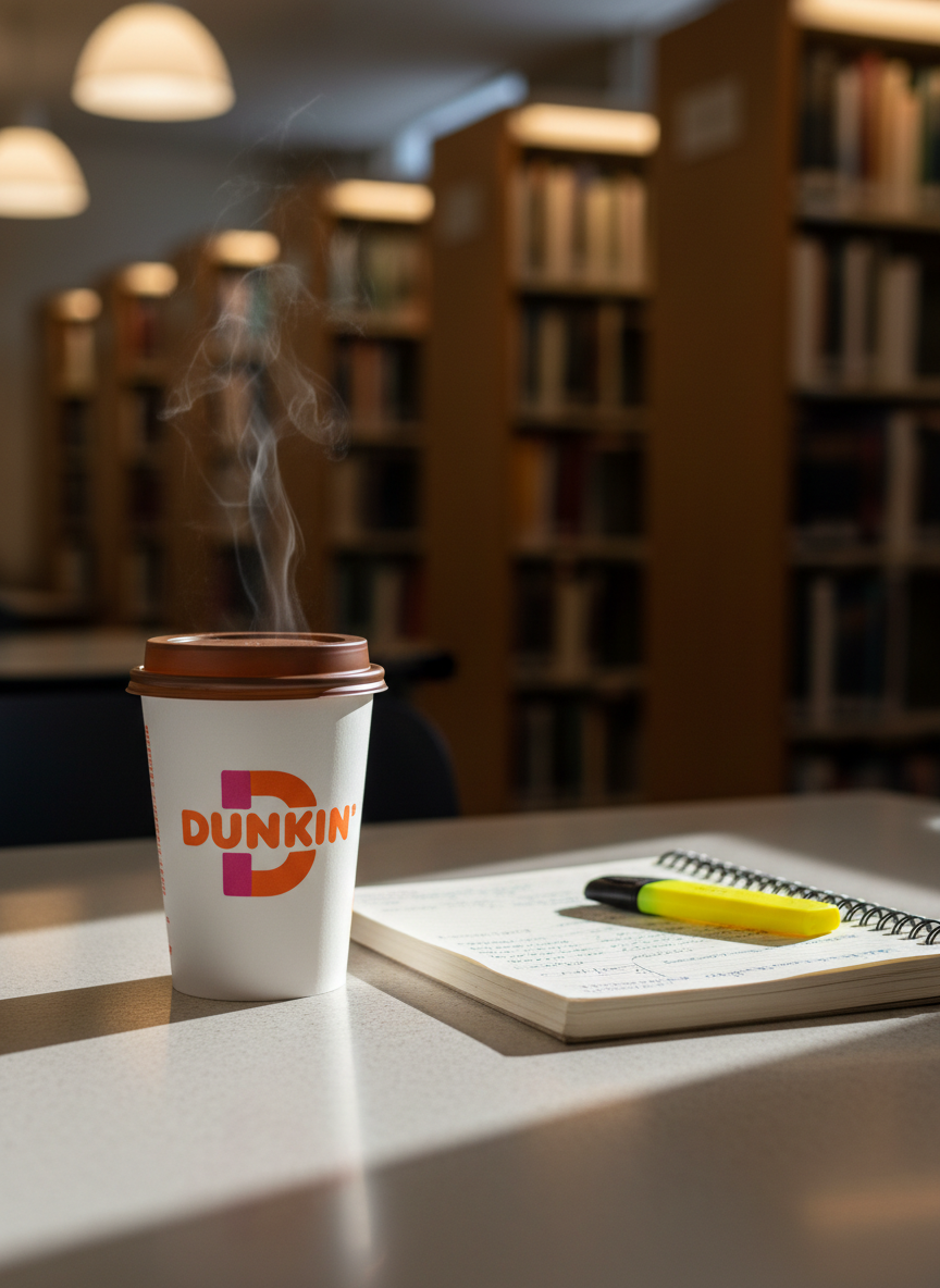 A hot Dunkin coffee in an iconic white and orange paper cup with lid, set on a speckled campus library table beside a spiral notebook filled with handwritten notes and a bright highlighter. The cup has a subtle sheen from overhead pendant lighting, with a wisp of steam rising into the softly blurred background of tall book stacks. Warm, diffused artificial light creates a cozy glow, casting soft shadows and subtle reflections on the tabletop. Captured at eye level using rule-of-thirds composition, the coffee cup is the clear focal point, with a gentle bokeh effect suggesting a quiet, studious space. The mood is comforting and determined, conveying reliable, fast coffee during intense study sessions in a clean, photographic style.