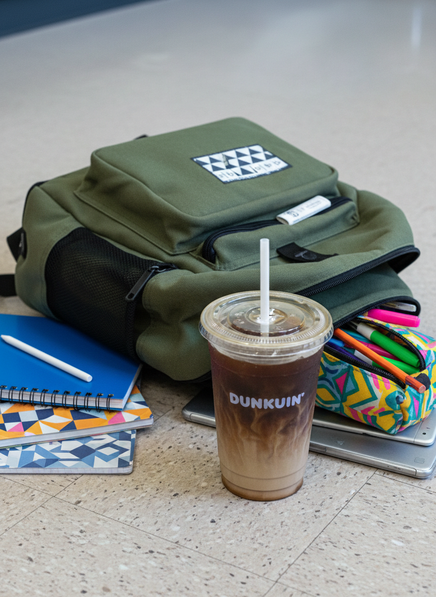 A busy student’s backpack unzipped on a classroom floor, with a Dunkin cold brew in a clear plastic cup tucked securely into the side mesh pocket. The cup shows deep, rich coffee color with a smooth gradient where cream has been lightly stirred, and glistening condensation on the surface. Scattered notebooks, a tablet, and a colorful pen pouch spill from the bag onto neutral tile flooring. Overhead fluorescent classroom lighting creates clean, even illumination with gentle, realistic shadows under the bag and cup. Captured from a slightly elevated angle, framing the cup in the lower third of the image while the backpack and supplies form an organic border. The mood is practical, playful, and on-the-go, emphasizing how Dunkin fits seamlessly into a hectic school day in a documentary-style photographic aesthetic.