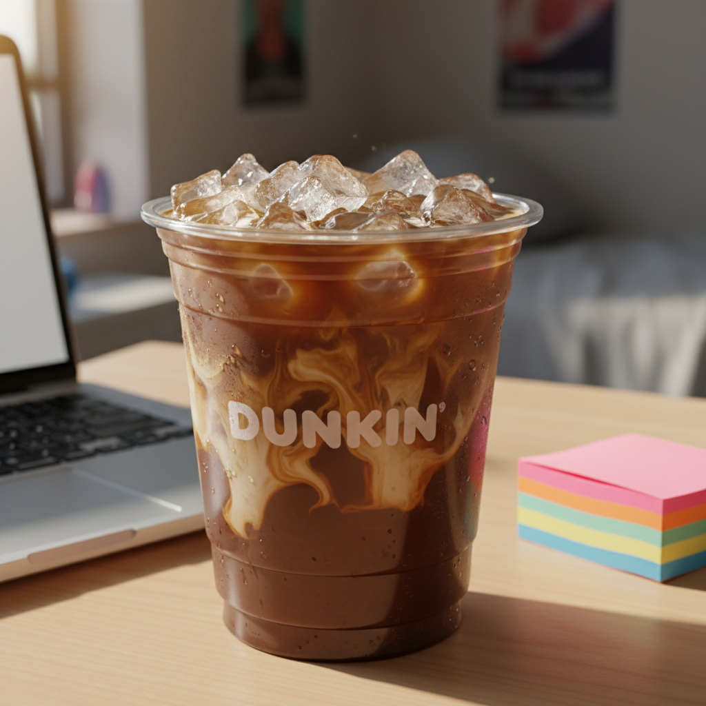 A close-up, photographic image of an iced Dunkin coffee in a clear branded plastic cup, filled with swirling coffee and cream, ice cubes catching the light with tiny bubbles trapped inside. The cup sits on a light wood study desk next to an open laptop keyboard and a colorful stack of sticky notes. Soft morning sunlight from an off-frame window creates bright highlights on the condensation droplets and gentle shadows across the desk. Shot from a slightly elevated angle with shallow depth of field, the background blurs into an indistinct dorm-room feel. The mood is energetic, playful, and focused, emphasizing fast fuel for busy students, with vibrant colors and clean, modern photographic realism.