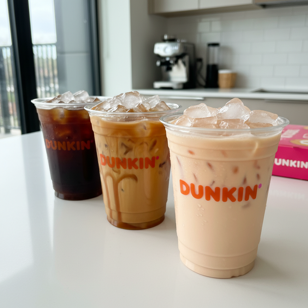 A lineup of three Dunkin iced coffee flavors in transparent branded cups—one classic dark brown, one caramel with ribbon-like swirls, and one creamy, almost pastel-colored cold brew—arranged in a playful diagonal across a glossy white counter. Each drink is topped with perfectly cubed ice that sparkles under bright, natural window light, tiny droplets of condensation beading on the sides. In the softly blurred background, a pink-and-orange Dunkin box and a minimal, modern kitchen backdrop add pops of color. Shot from a slightly low angle to emphasize the height and texture of the drinks, with sharp focus on the front cup and gradual blur toward the back. The mood is fun, colorful, and inviting, showing variety for busy people who still want personality in their coffee, in crisp photographic realism.